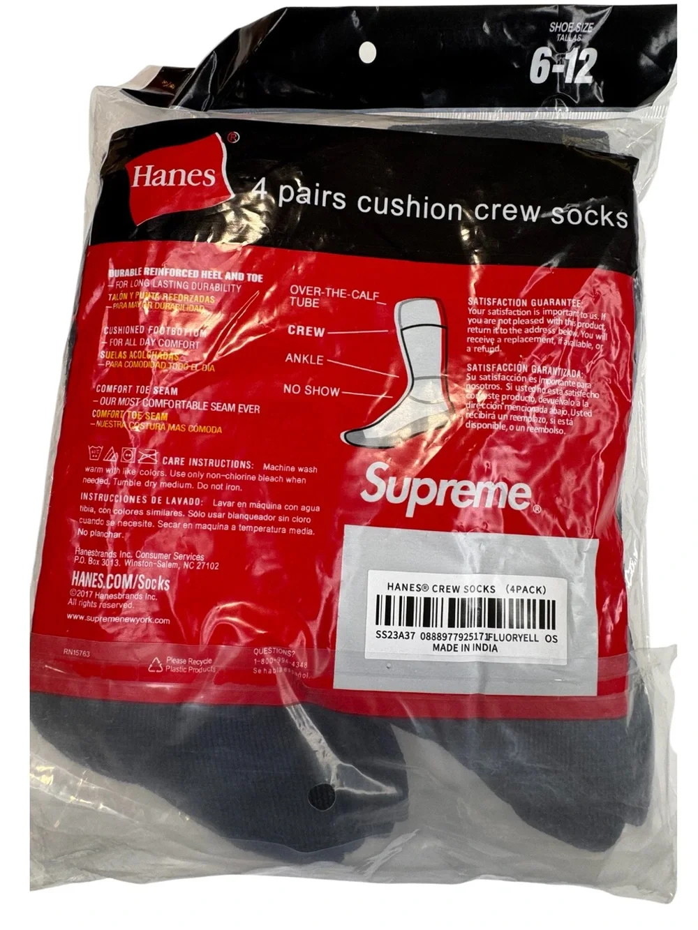 New Supreme x Hanes Crew Socks 2 Pairs Men's Size 6-12 Black Cotton Stretch